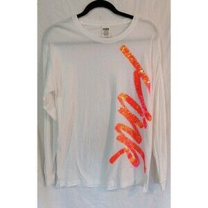 VTG Victoria Secret Pink Bling Longsleeve Womens Tee White/ Pink Sequins LOGO Sm